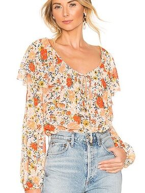 Free People “Say it to Me” Floral Ruffle Peasant Bodysuit - Peach Multi